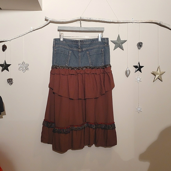 Boho Upcycled Denim Jean Skirt - Picture 2 of 5